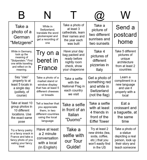 We Made it to Europe! Bingo Card