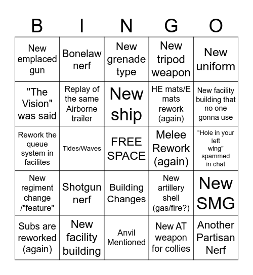 Foxhole DevStream Bingo Card