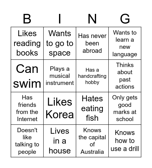 Bingo for learning each other Bingo Card