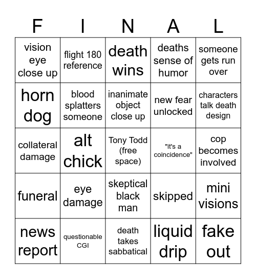 Final Destination Bingo Card
