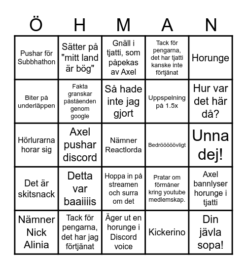 BINGO - Axel Öhman-edition Bingo Card