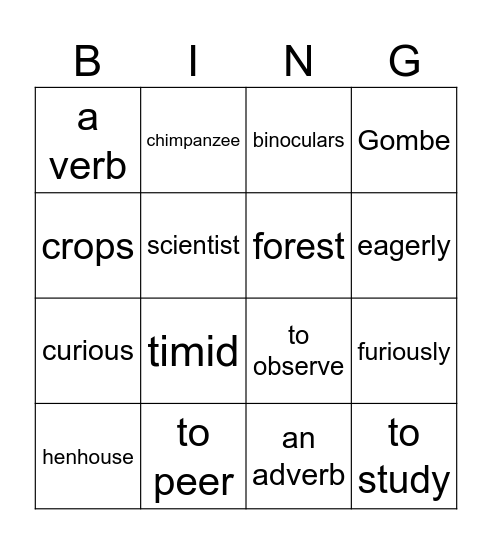 Words from Jane Goodall Bingo Card