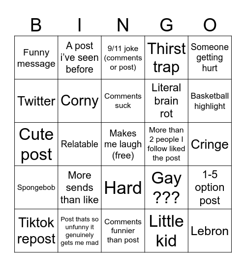 Instagram reels Bingo Card