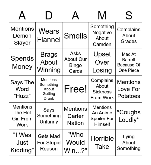 Adam Being Adam Bingo Card