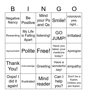 Customer Service Bingo Card