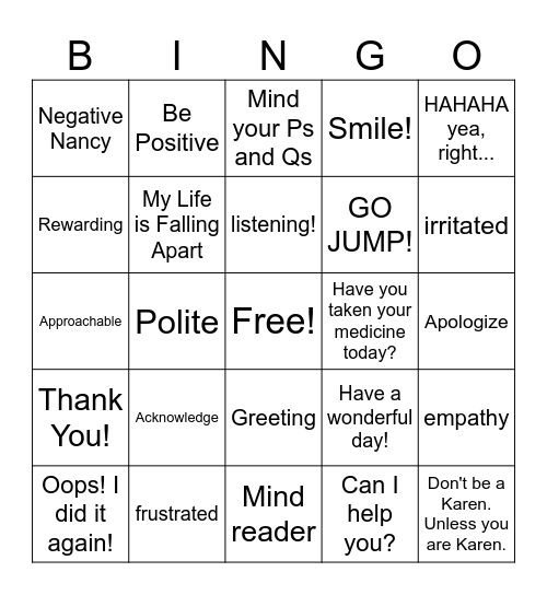 Customer Service Bingo Card