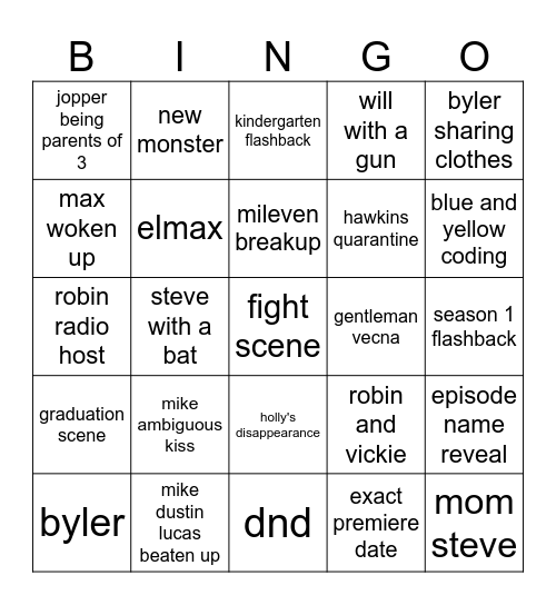 stranger things trailer Bingo Card