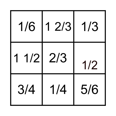 Fraction BIGNO Bingo Card