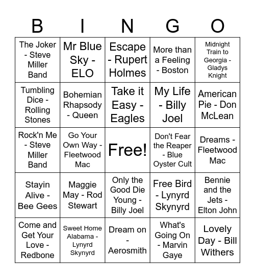 70s Hits Bingo Card