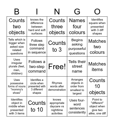 Cognitve Development in Young Children Bingo Card