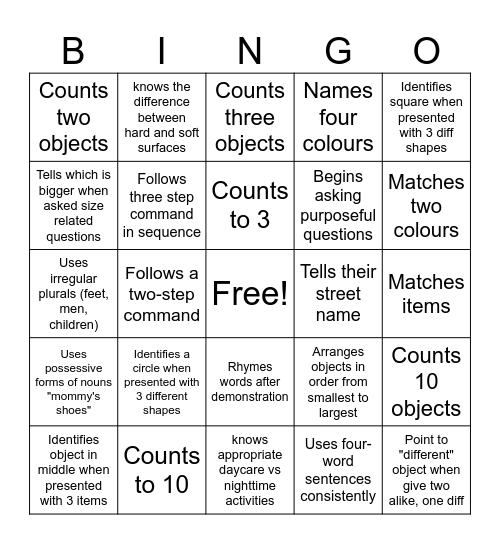 Cognitve Development in Young Children Bingo Card