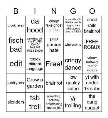 yt shorts bingo Card