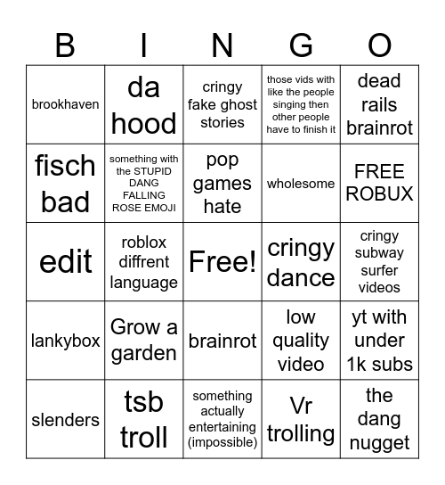 yt shorts bingo Card