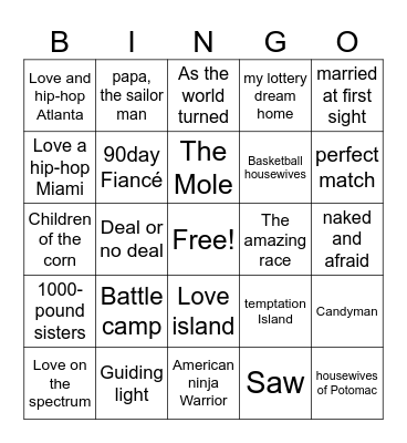 Reality shows Bingo Card