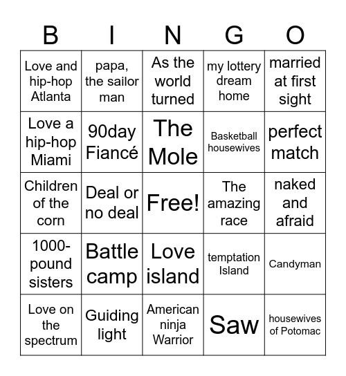 Reality shows Bingo Card