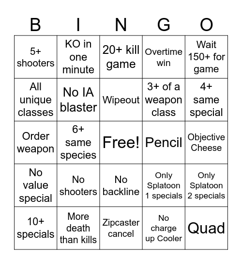 Splatoon 3 Bingo Card