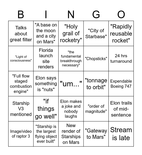 Starship update 26-05-2025 Bingo Card