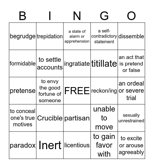 THE CRUCIBLE - Act I  VOCABULARY Bingo Card