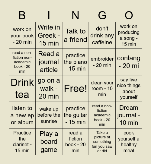 Summer Bingo Card