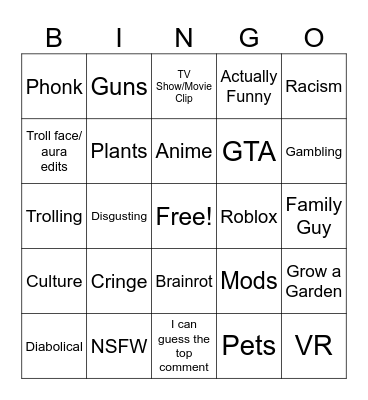 YT Shorts Bingo Card