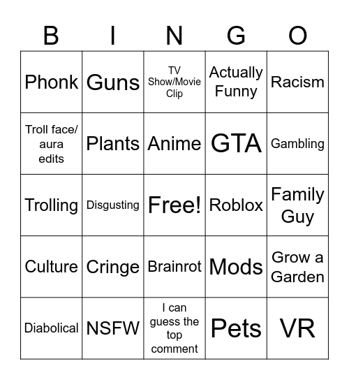 YT Shorts Bingo Card