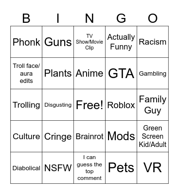 YT Shorts Bingo Card