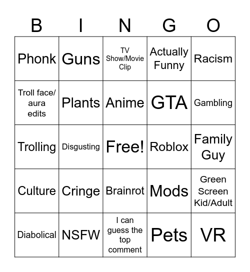 YT Shorts Bingo Card