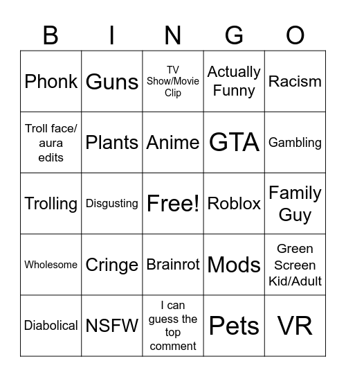 YT Shorts Bingo Card