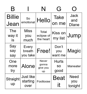 Top 10's of the 80's Bingo Card