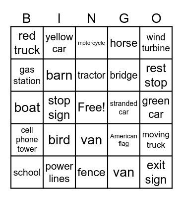 ROAD TRIP BINGO Card