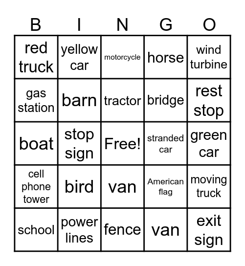 ROAD TRIP BINGO Card