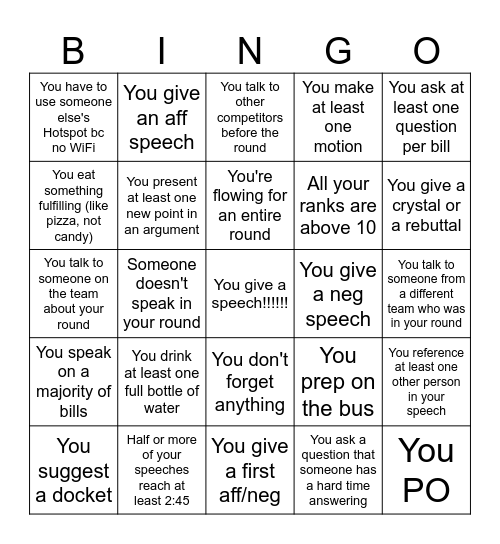 Individual Debate Bingo Card