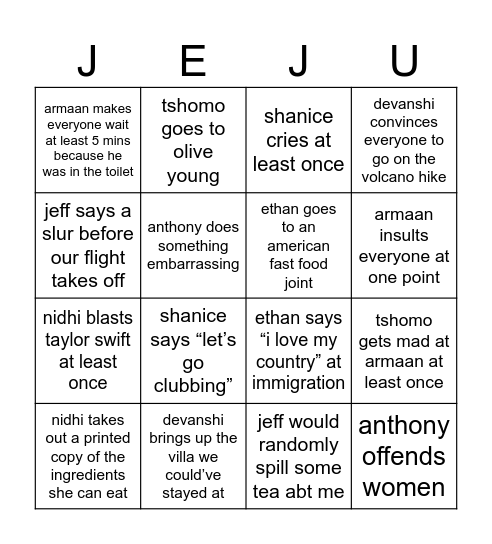 Jeju Bingo Card