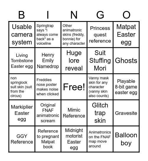 FNAF DBD Bingo Card