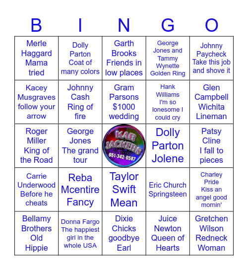 Greatest Country Songs Bingo Card