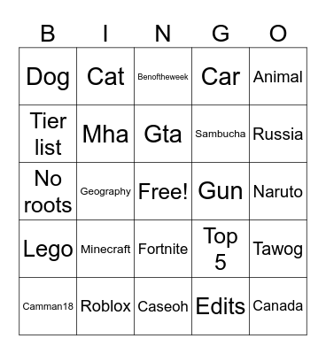 Shorts Bingo Card