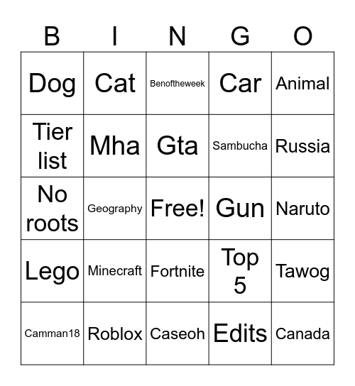 Shorts Bingo Card