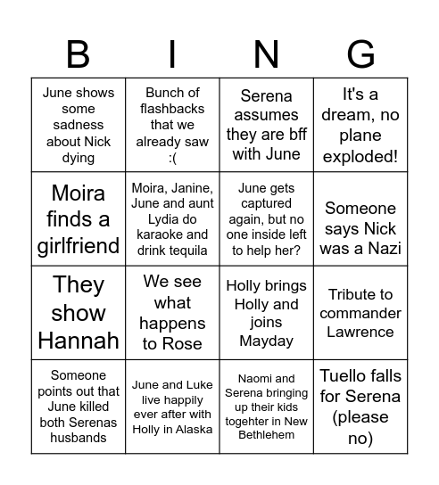 Handmaids tale 6x10 Bingo Card