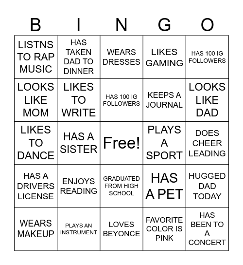 DAUGHTER BINGO Card