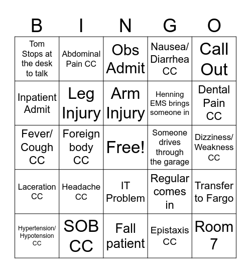 ER Bingo Card