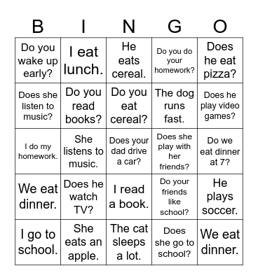 Present simple Bingo Card