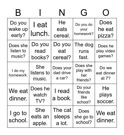Present simple Bingo Card