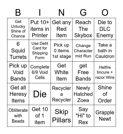 Risk of Rain 2 Bingo Card