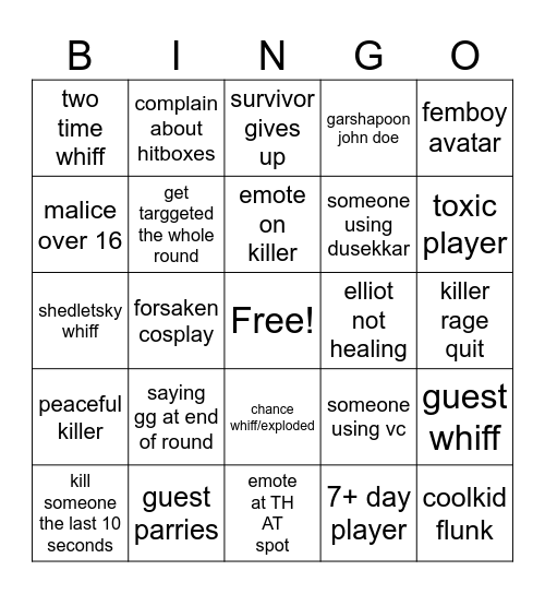 forsaken bingo Card
