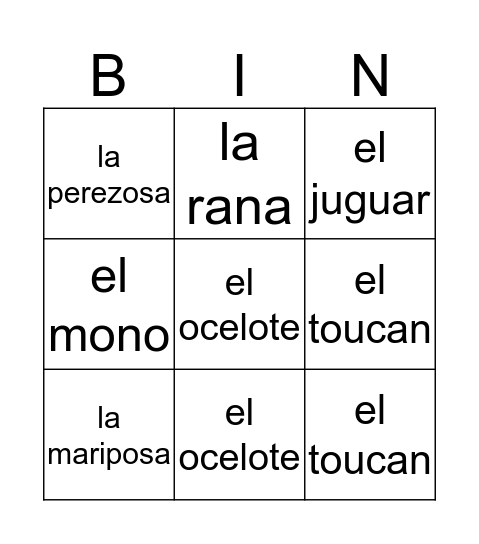 Los Animales de la Serva Bingo Card