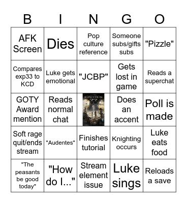Luke Dale Stream EXP33 May 27th 2025 Bingo Card