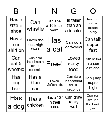 OSHC Bingo Card