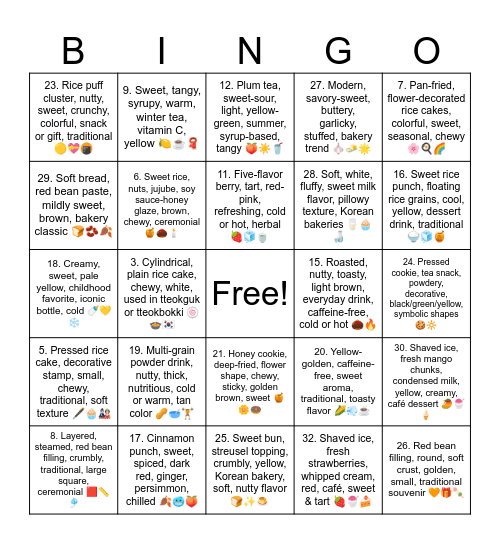33 Korean Sweet things (with emoticons) Bingo Card