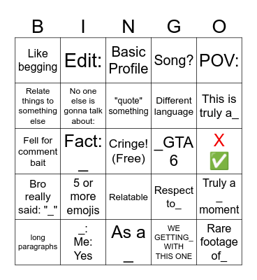 Youtube Shorts Comments Bingo Card