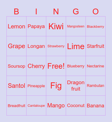 Bingo ผลไม้ Bingo Card